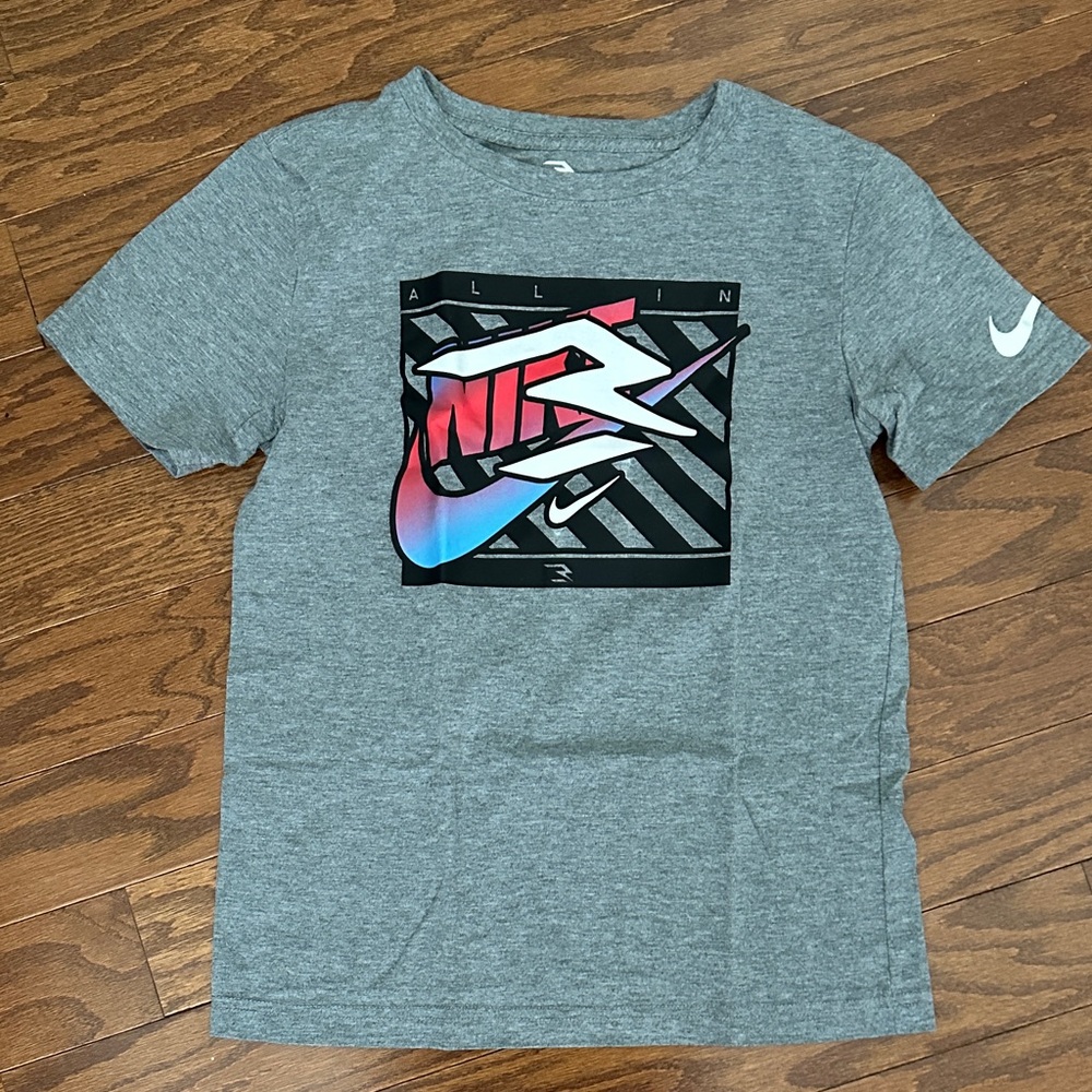 Nike Gray Tee with Pink-Blue Gradient Swoosh